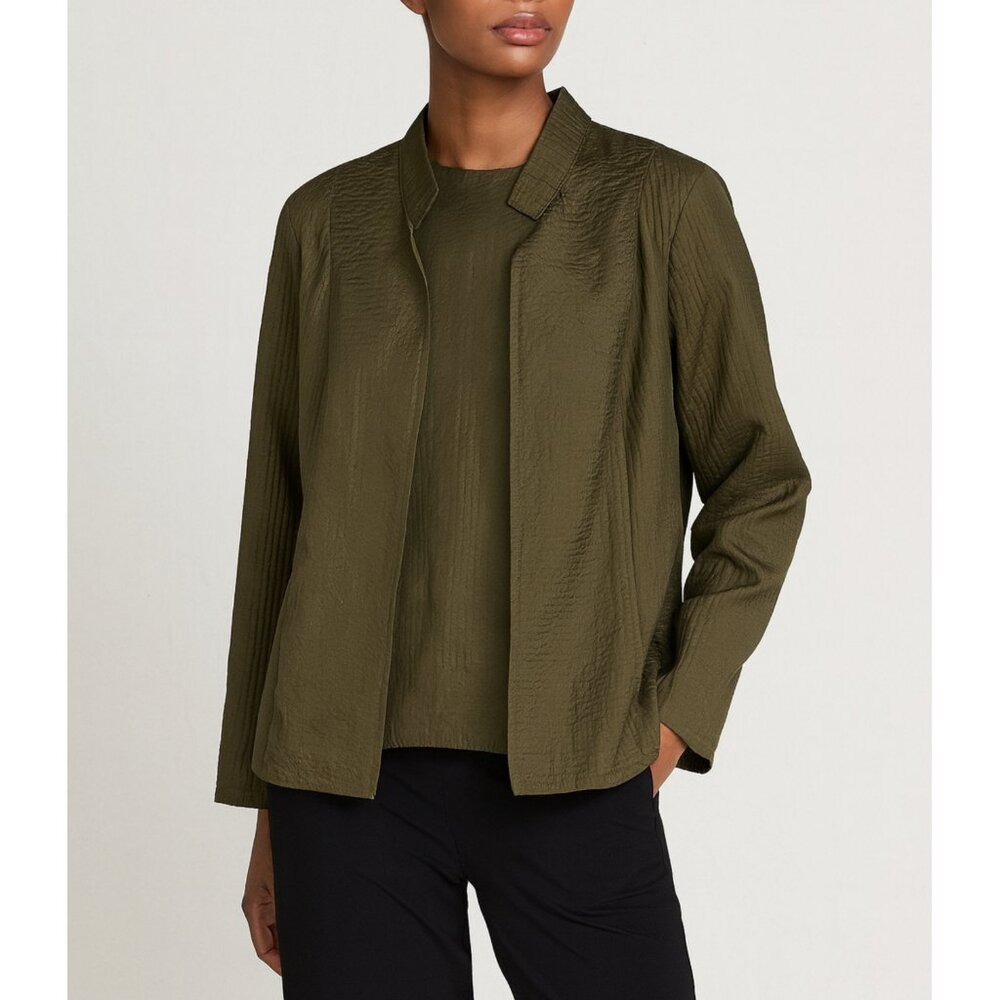 EILEEN FISHER Blazer 100% Silk Lightweight Jacket Quilted Ribbed Olive Green MP